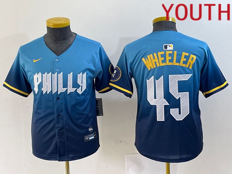 Youth Philadelphia Phillies 45 Wheeler Blue City Edition Nike 2024 MLB Jersey style 1
